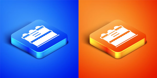 等距蛋糕图标孤立在蓝色和橙色的背景。生日快乐。方形按钮。向量图片下载