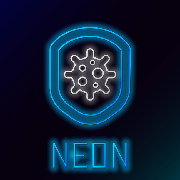 发光的霓虹线屏蔽病毒，细菌和细菌图标隔离在黑色背景。免疫系统的概念。2019 - ncov冠状病毒。色彩斑斓的轮廓的概念。向量图片下载