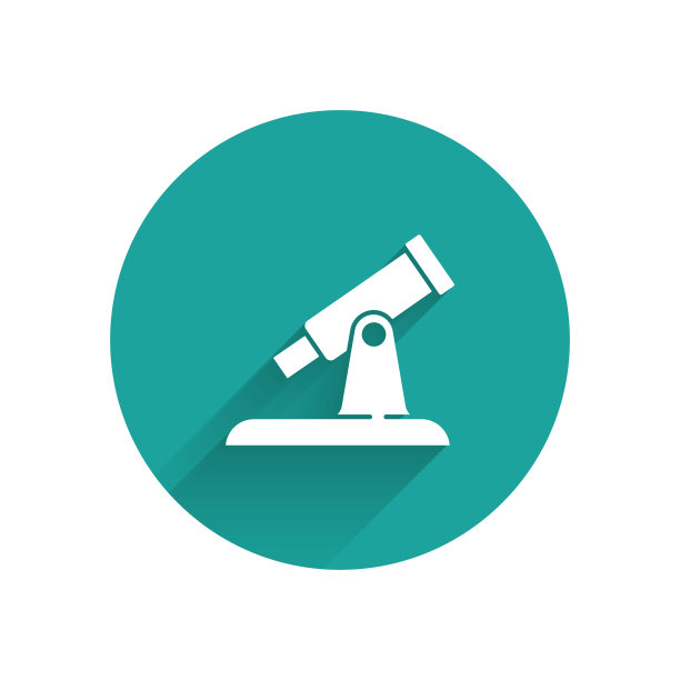 白色望远镜图标与长阴影隔离。科学的工具。教育和天文学元素，望远镜和研究恒星。绿色圆圈按钮。向量图片下载