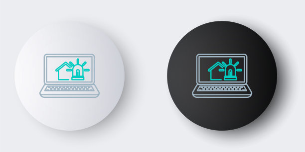 Line笔记本电脑与智能房屋和报警图标隔离在灰色背景。智能家居安防系统。色彩斑斓的轮廓的概念。向量图片下载