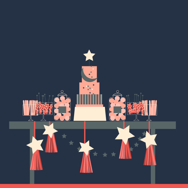 婚礼的糖果。生日表甜点。矢量插图。图片下载