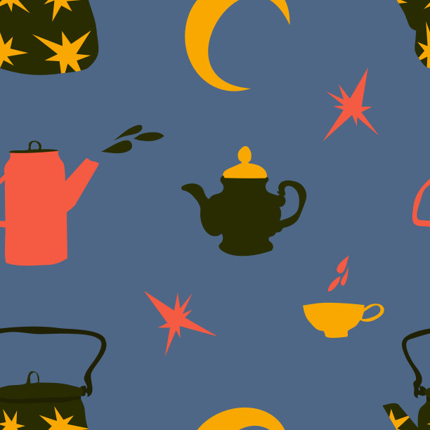 舒适神奇的茶壶，壶，茶壶，杯子，月亮和星星在明亮的秋天颜色在暗蓝色的背景图片下载