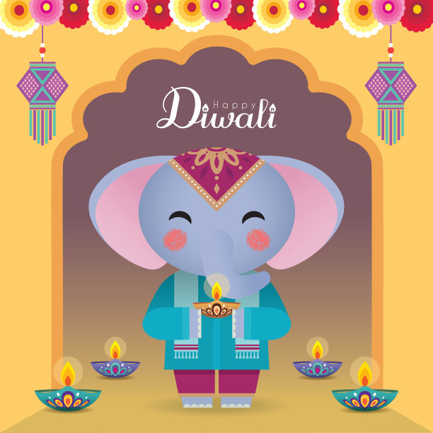 排灯节或Deepavali -卡通象头神拿着diya油灯图片下载