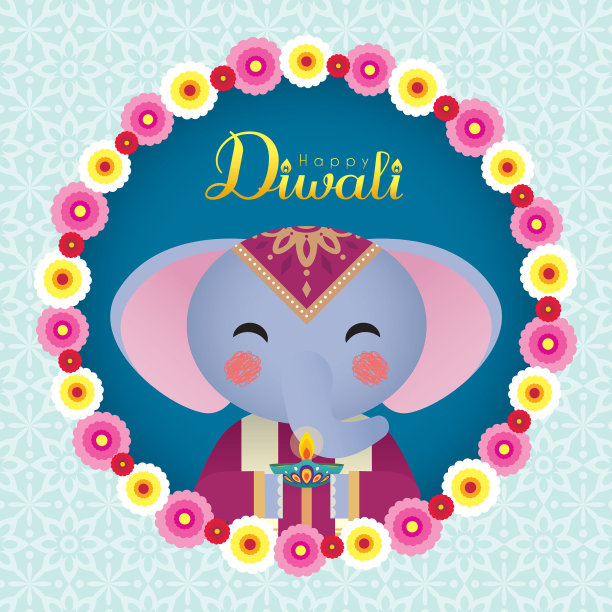 排灯节或Deepavali -卡通象头神拿着带花环的diya油灯图片下载
