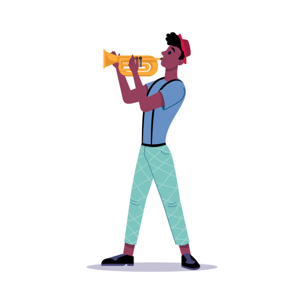 非裔美国人独自吹小号。矢量音乐家或音乐表演者演奏爵士布鲁斯音乐。乐队演奏者艺术家在帽子和休闲服装吹奏乐器，街头小号手图片下载