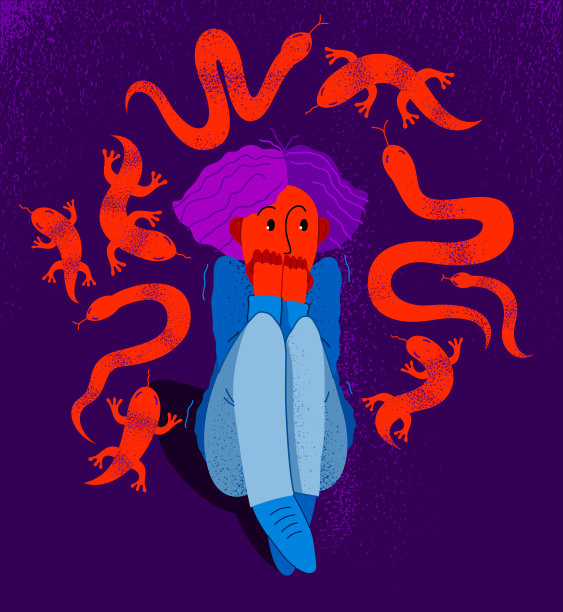 爬行动物蛇和蜥蜴矢量插画，女孩被想象中的爬行动物包围在恐慌和恐惧中，心理健康概念。图片下载