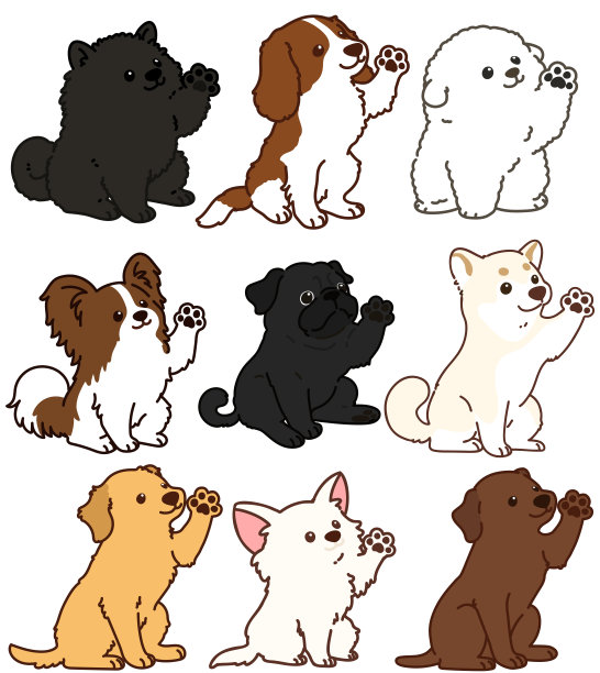 一套轮廓可爱的狗坐着和挥手手图片下载