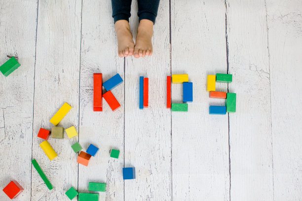 孩子们由五颜六色的玩具砖组成。图片下载