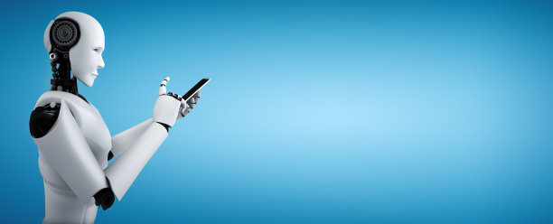 仿人机器人在未来的办公室使用手机或平板电脑图片下载