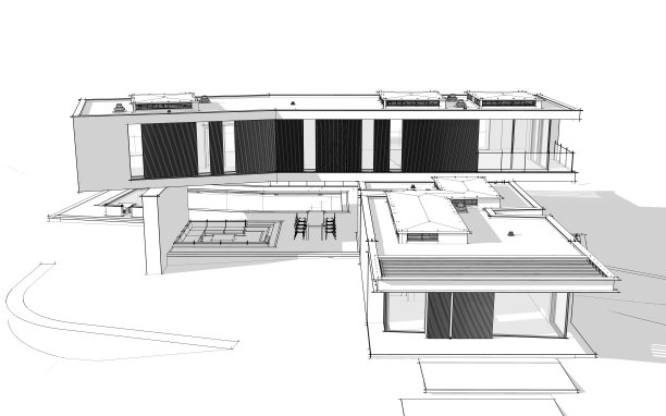 山上现代住宅的3d渲染，白色背景上有水池黑线图片下载