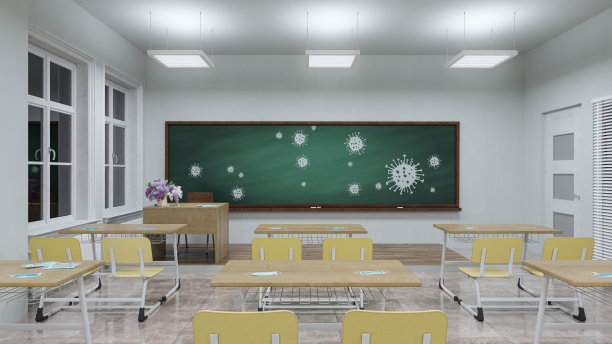 用绿色黑板上的病毒图画照亮教室图片下载