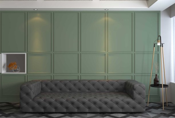 3d渲染的现代室内与灰色皮革沙发和橄榄墙线脚图片下载