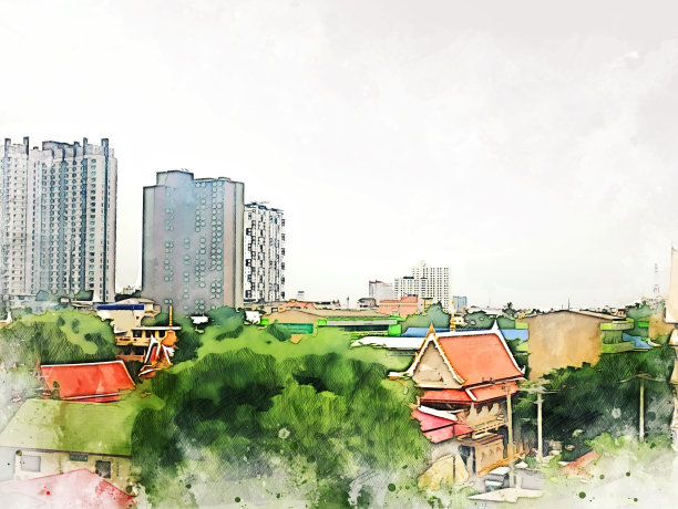 抽象建筑以水彩画为背景。城市上的数字插画刷艺术。图片下载