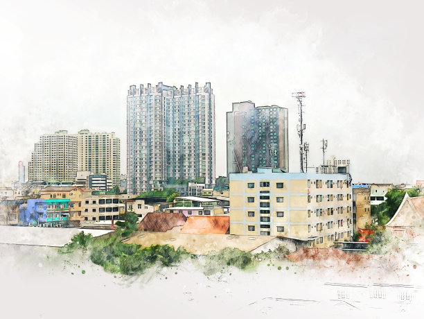 抽象建筑以水彩画为背景。城市上的数字插画刷艺术。图片下载