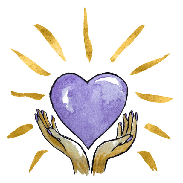 水彩插图女性的手给紫色发光射线心，孤立在白色的背景图片下载
