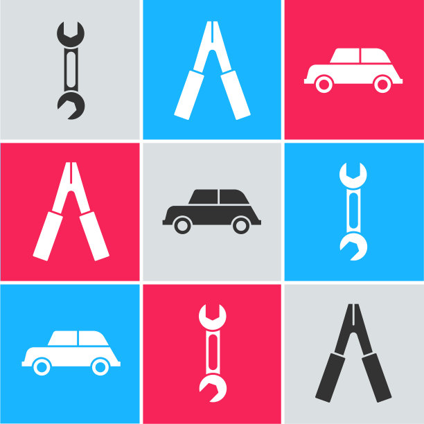 设置汽车蓄电池跨接电源电缆和汽车扳手图片下载