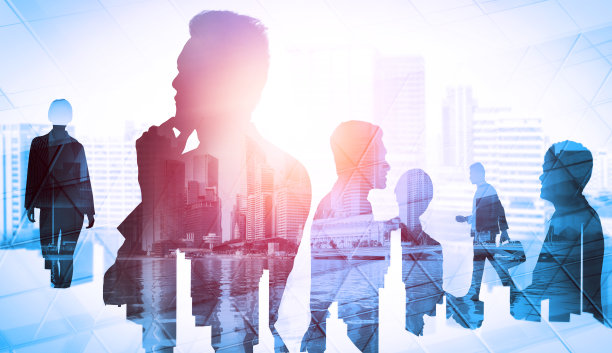以城市为背景，塑造了众多商业人士聚在一起的抽象形象图片下载
