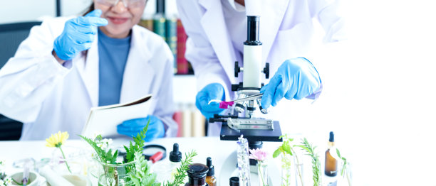 在实验室用显微镜研究天然替代草药和鲜花精油护肤新产品。健康草本概念”n图片下载