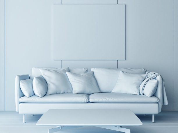 一间有海报展示模型的单色房间图片下载