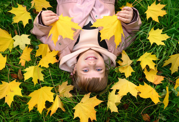 微笑的女孩躺在枫叶的草地上。图片下载