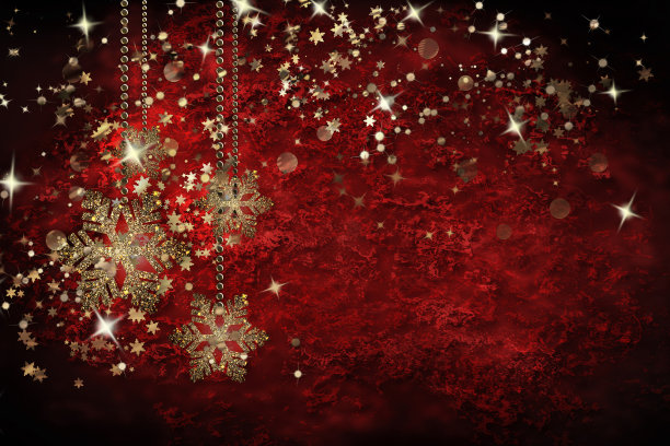 圣诞元素红色背景，金色雪花和闪光图片下载