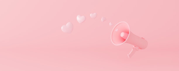 粉色扩音器与柔和的心最小的背景。情话概念3d渲染图片下载