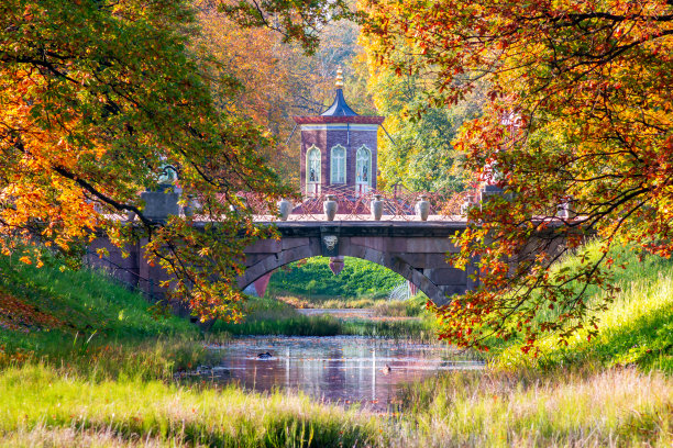 俄罗斯圣彼得堡普希金(Tsarskoe Selo)秋季亚历山大公园的大桥图片下载