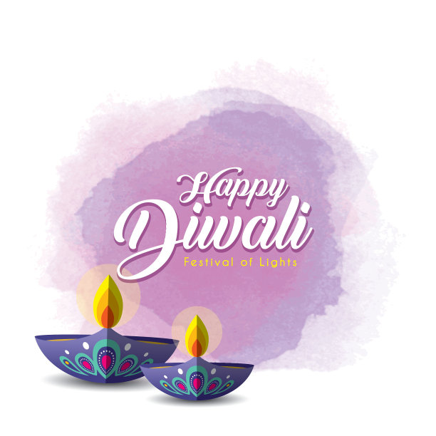 排灯节或Deepavali - Diya油灯上的紫色水彩背景图片下载