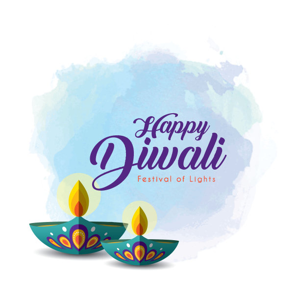 排灯节或Deepavali - Diya油灯在蓝色水彩背景图片下载