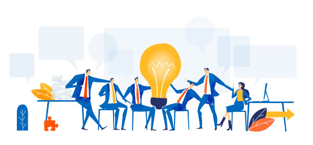 商务人员坐在桌子旁，一起工作，讨论，谈判交易。当代管理理念，解决问题企业理念在平面设计风格插画。图片下载