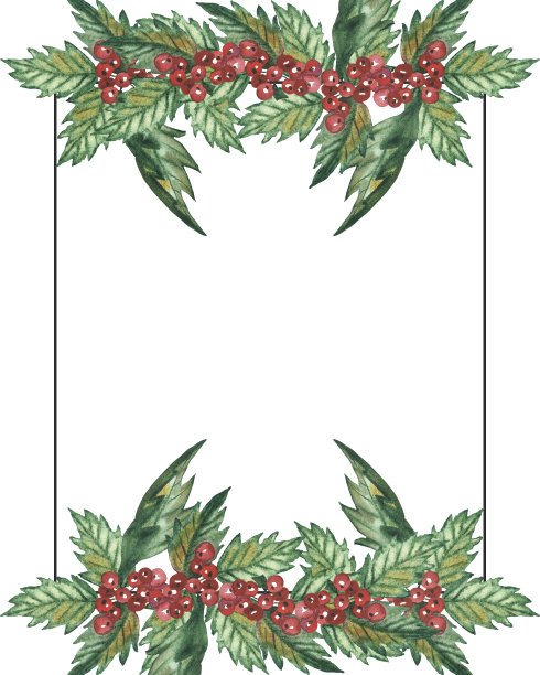 水彩手绘自然冬季假期边界框架与冬青红浆果和绿叶在树枝上的花束在白色的背景邀请和问候卡与文字的空间图片下载