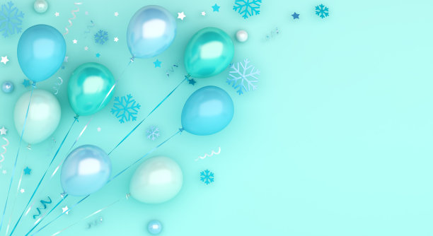 冬季背景，快乐新年装饰蓝色气球，雪花，五彩纸屑，复制空间文本，横幅，模板，3D渲染插图。图片下载