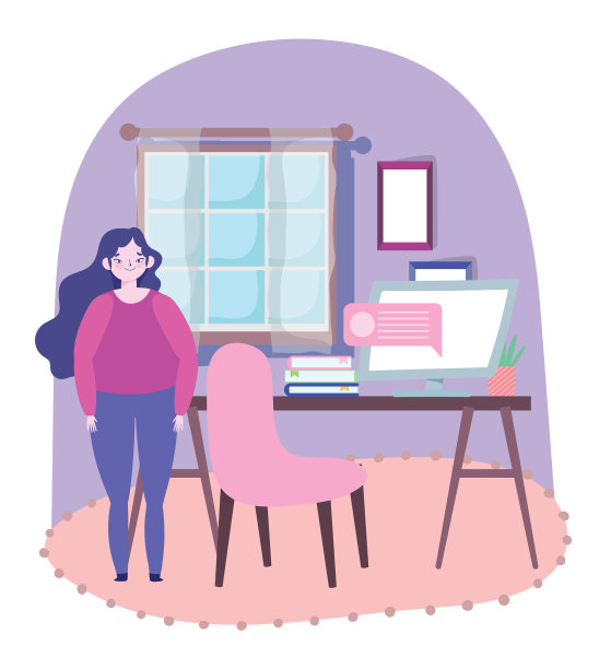 远程工作的女人站在房间的办公桌图片下载