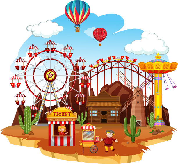 主题公园有许多游乐设施和气球图片下载