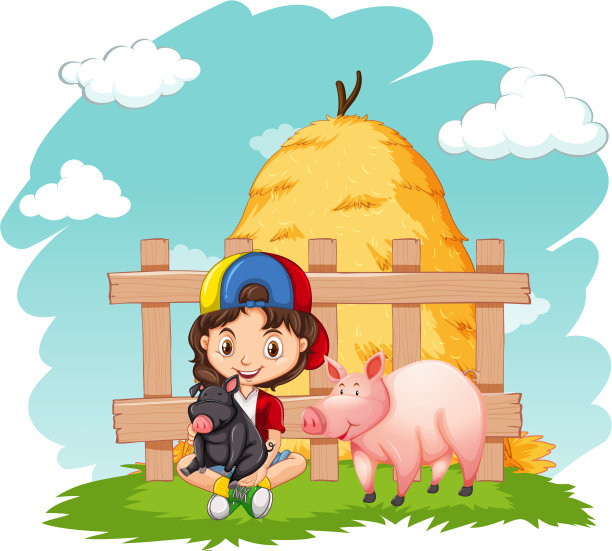 可爱的女孩和农场里的两头猪图片下载