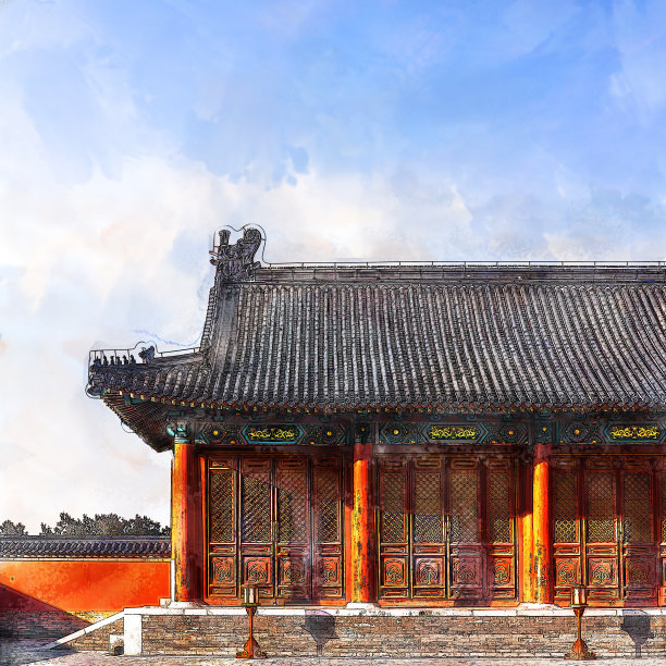 中国北京，紫禁城，蓝天，中国古代宫殿的数字绘画和水彩画图片下载