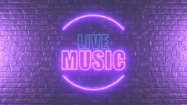 砖墙上的现场音乐霓虹灯标识图片下载