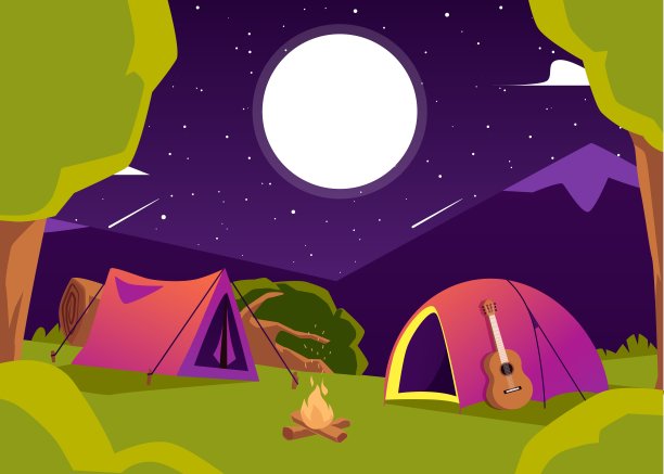 背景与星空帐篷在山区露营平面矢量插图。图片下载