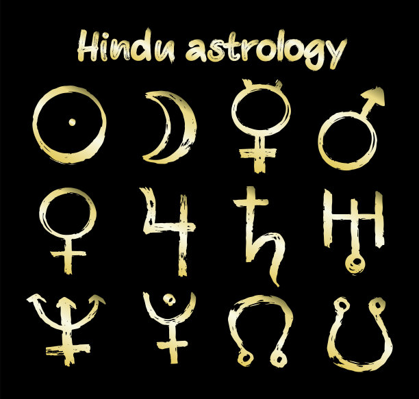 黄金图标的行星在Juotisha占星-矢量插图与标志火星，金星，水星，月亮，太阳，木星，土星，冥王星，天王星，海王星，拉伊和基图图片下载