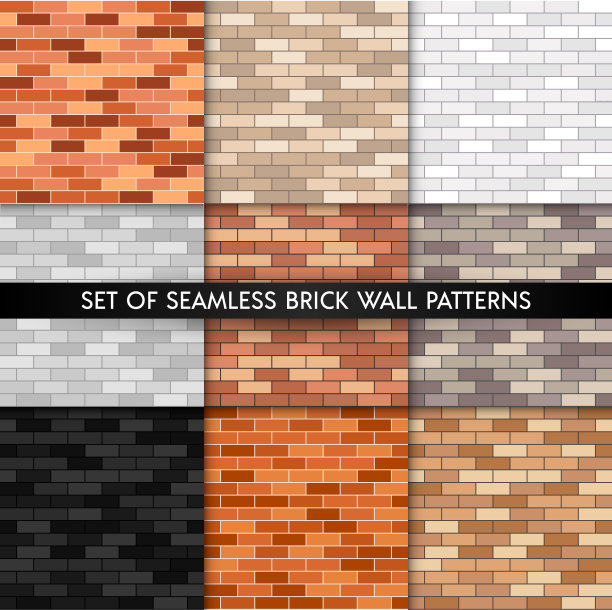 矢量砖墙无缝模式集。平面墙纹理集合。黄色，灰色，红色，白色，黑色纹理砖背景印刷，纸张，室内设计，装饰，照片背景图片下载