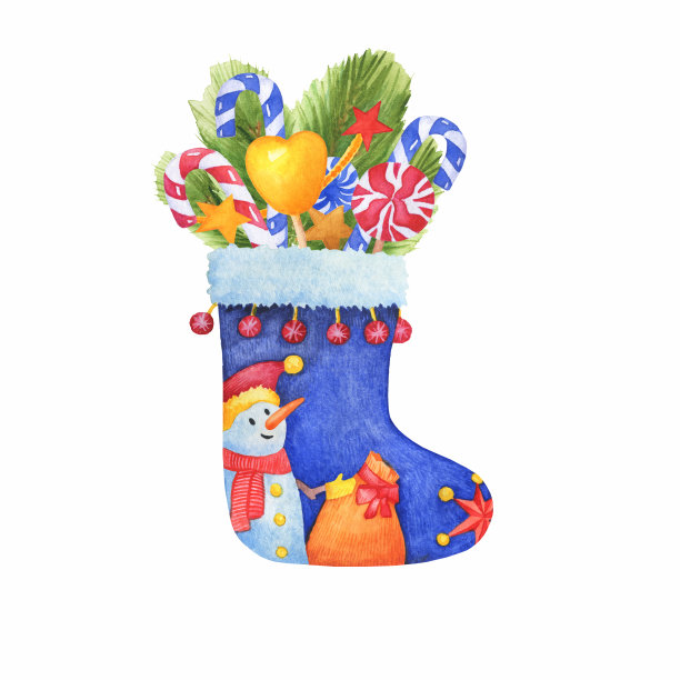 蓝色有趣的雪人圣诞袜旁边有一个装满礼物的大袋子。用于新年卡片、横幅和标签。水彩手绘插图孤立的白色背景。图片下载