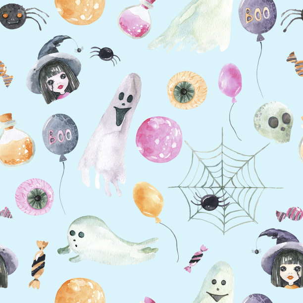 无缝模式的快乐万圣节在一个蓝色的背景。手绘水彩画元素的女巫幽灵眼气球图片下载