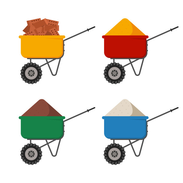 巴罗与沙子，砖块，地面和水泥矢量卡通设置孤立在一个白色的背景。图片下载