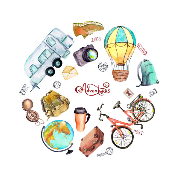 气球、自行车、拖车、旅行箱、旅游背包、地球仪、指南针、邮票。旅游卡，旅游海报。水彩画旅游日图片下载