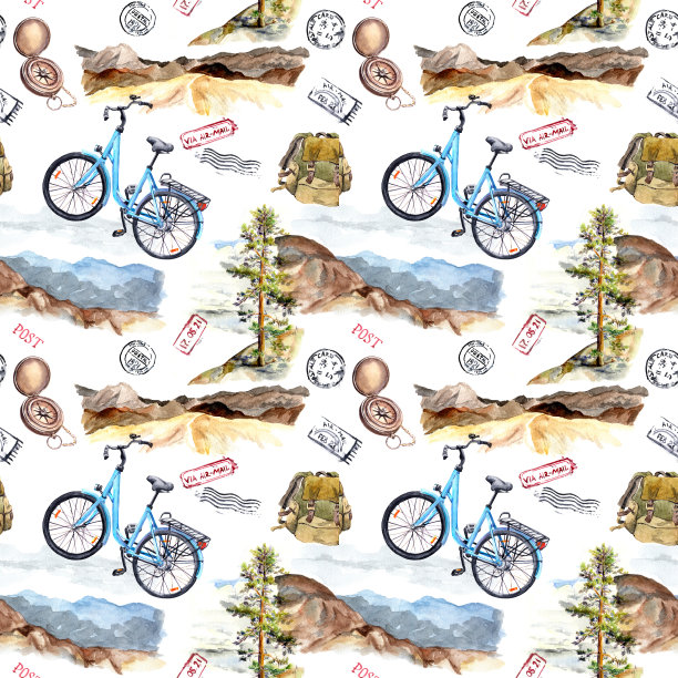 山脉，指南针，自行车，邮政标记。冒险的概念。重复的模式。水彩图片下载
