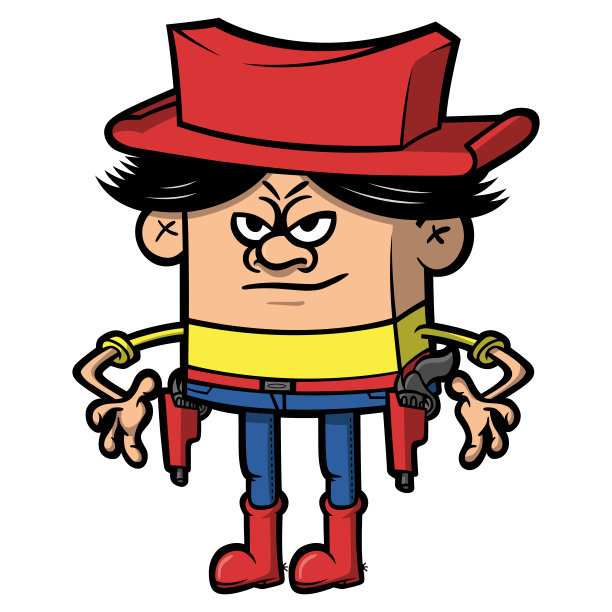 卡通西部牛仔吉祥物与枪矢量插图孤立的白色背景图片下载