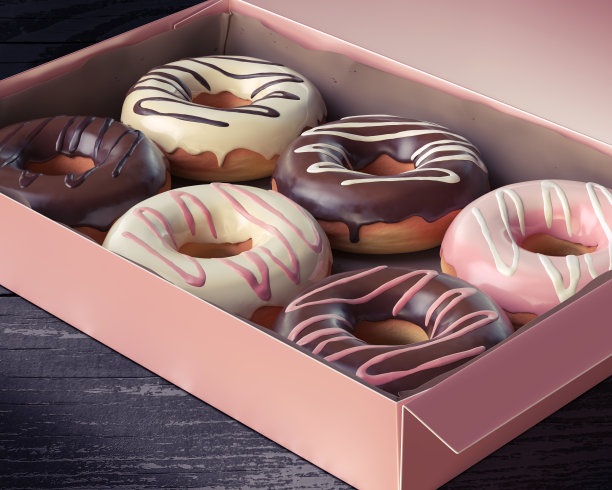 一个装满甜甜甜圈的盒子的3d渲染在一个黑色的木制桌子上图片下载