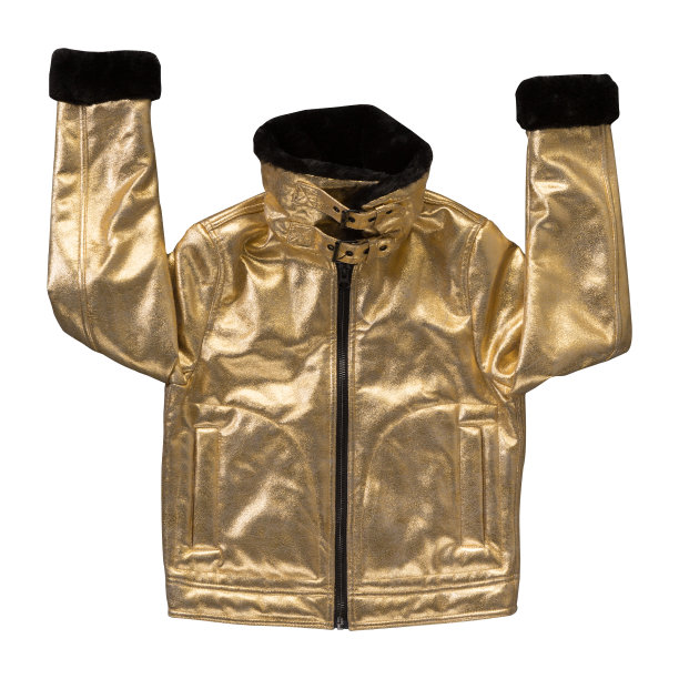 时尚的金色暖夹克，白色背景，袖子向上，概念图片下载