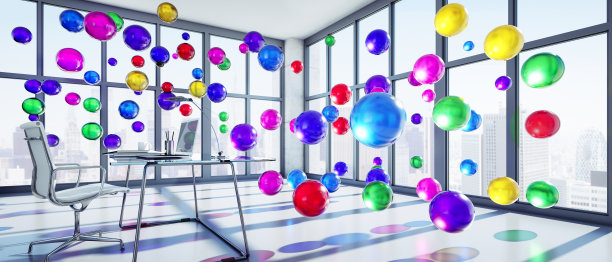 漂浮彩色球体的会议室图片下载