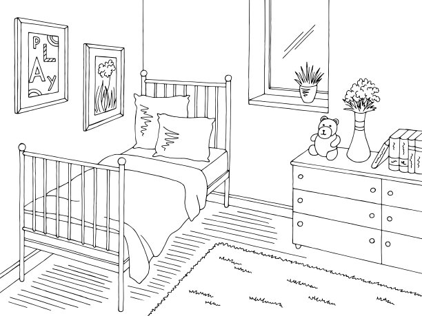 儿童房图形黑白室内草图插图矢量图片下载